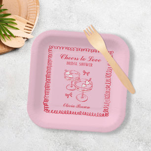 Plato De Papel Despedida de soltera retro dibujada a mano en rosa