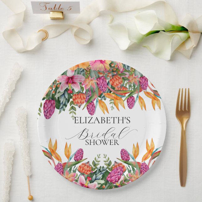 Plato De Papel Despedida de Soltera Tropical Floral Naranja Rosa  (Boda)