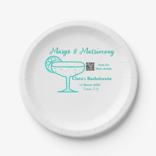 Plato De Papel Despedida de soltera Turquoise Margs & Matrimony (Anverso)