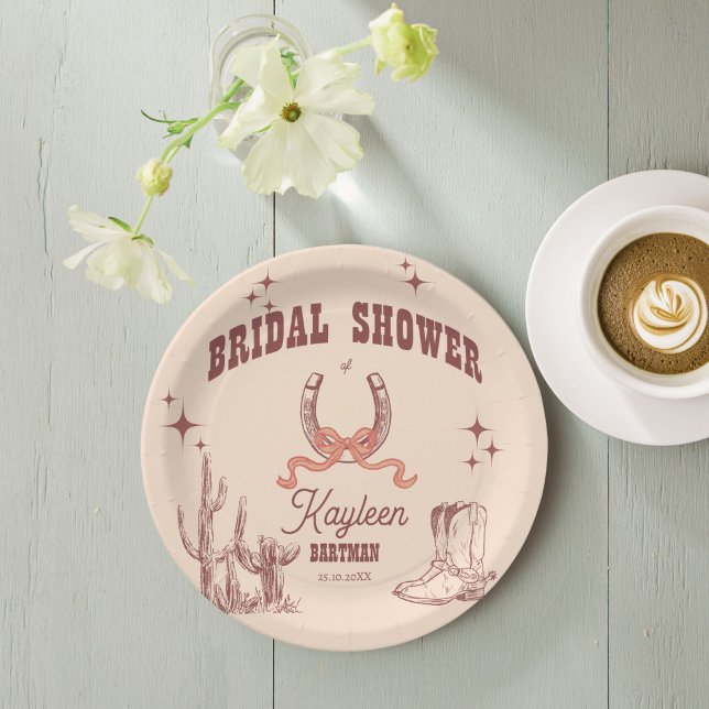 Plato De Papel Despedida de soltera western retro personalizada v (Cowgirl western retro bridal shower customized monogrammed paper plates personalized tableware)
