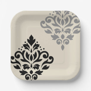 Plato De Papel Desplazar el arte Damask I Crema gris negro