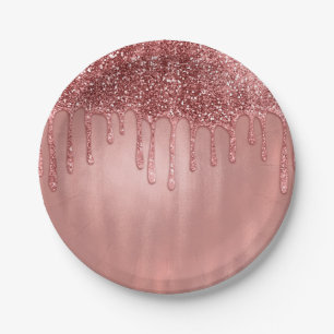 Plato De Papel Destilando en Brillo de Oro Rosa Gotitas Rosadas L
