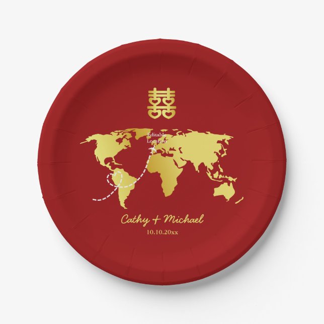 Plato De Papel destino del mapa rojo y dorado boda china (Anverso)