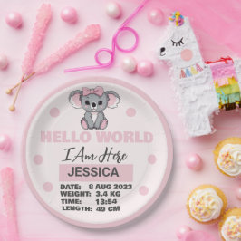 Plato De Papel Detalles del nacimiento del bebé: Koala rosa