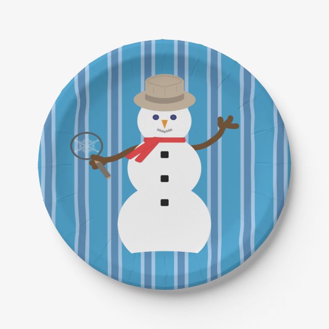 Plato De Papel Detective de Snowman azul divertido y divertido (Anverso)