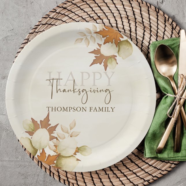 Plato De Papel Día de Acción de Gracias Otoño Vegetación Elegante (Autumn fall foliage and greenery Happy Thanksgiving custom paper plate. )