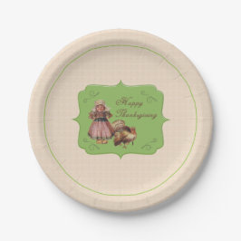 Plato De Papel Día de Acción de Gracias Vintage, Turquía, Chica d