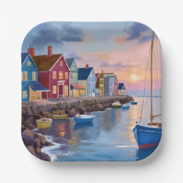 Plato De Papel Día de Barco | Pintura Acuarela de Bahía Costera O