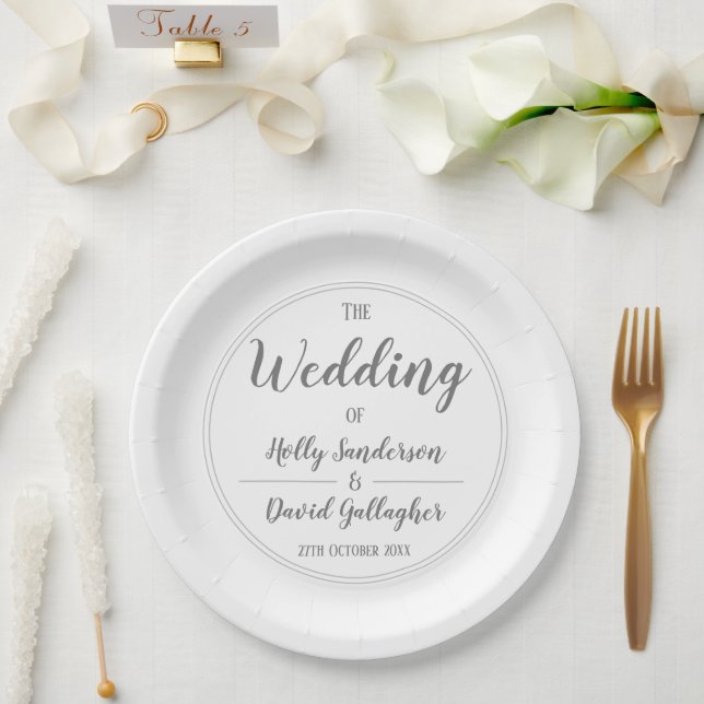 Plato De Papel Día de Boda Simple Gris Plata y Blanco (Boda)
