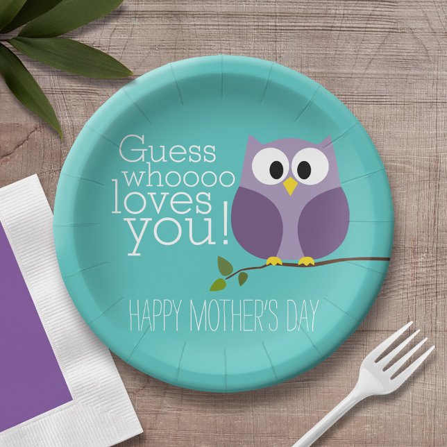 Plato De Papel Día de la Madre - Lechuzas ricas - Que te ama (Personalized Mother's Day party plate)