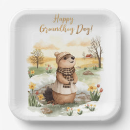 Plato De Papel Día de la marmota acuarela