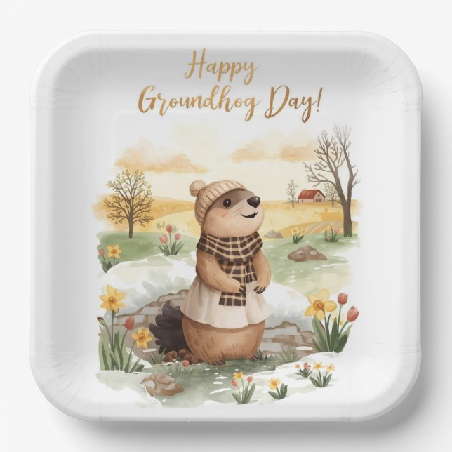 Plato De Papel Día de la marmota acuarela (Anverso)
