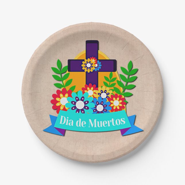 Plato De Papel Día de la Muerte Daisy Flower Cross Family Kids 7" (Anverso)
