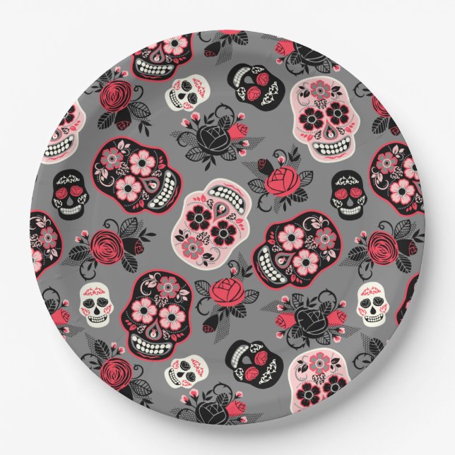 Plato De Papel Día de las Cránulas Azucareras Muertas, gris (Anverso)