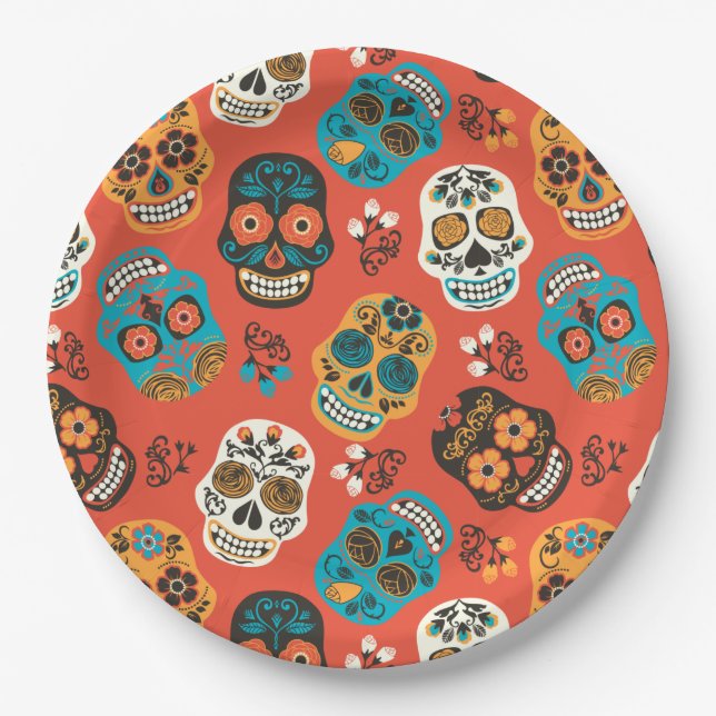 Plato De Papel Día de las Cránulas Azucareras Muertas, naranja (Anverso)