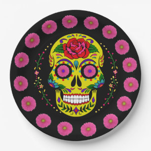 Plato De Papel Día de los Muertos Cráneo de azúcar amarillo y mar