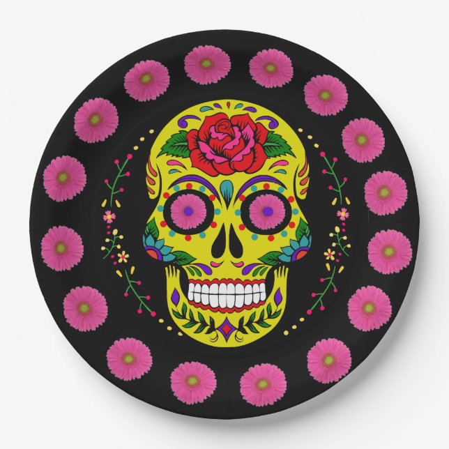 Plato De Papel Día de los Muertos Cráneo de azúcar amarillo y mar (Anverso)