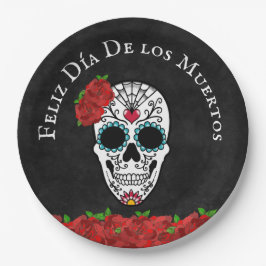 Plato De Papel Día De Los Muertos Cráneo de Azúcar Rojo Turquesa