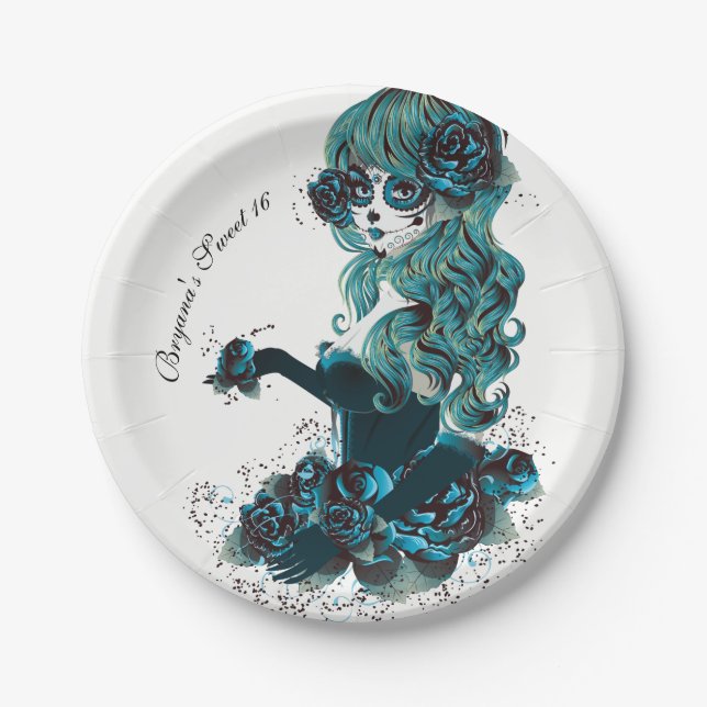 Plato De Papel Día de los muertos, hermosa Chica de maquillaje de (Anverso)