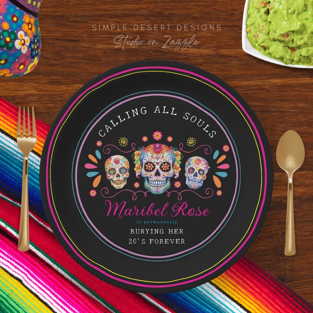 Plato De Papel Día de los Muertos Mexicano (Custom black calavera dia de los muertos birthday party day of the dead mexican fiesta paper plates)