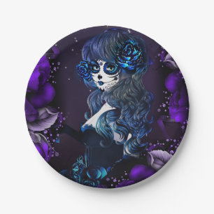 Plato De Papel Día de Muertos Calavera de Azúcar Mexicana Morado