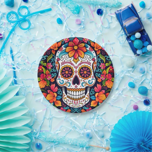 Plato De Papel Dia de Muertos ☠️ Cráneo de azúcar (Fiesta)