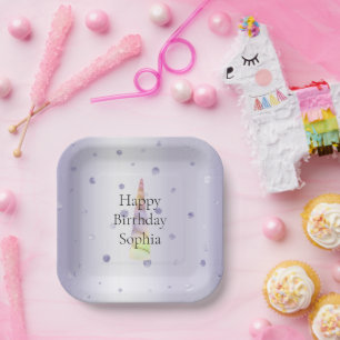 Plato De Papel Día de nacimiento de unicornio de lime morada rosa