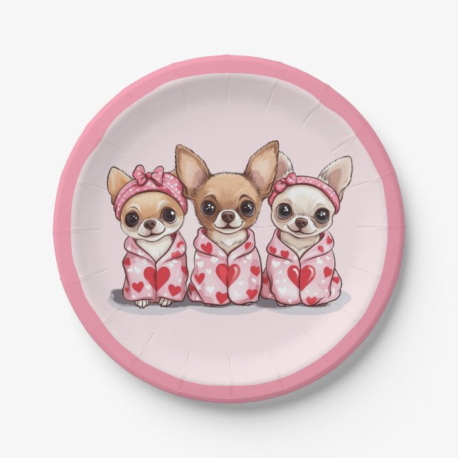 Plato De Papel Día de San Valentín Chihuahua Dogs (Anverso)