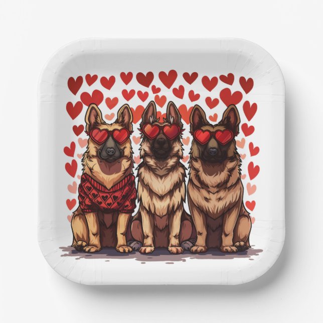 Plato De Papel Día de San Valentín German Shepherd Dogs (Anverso)