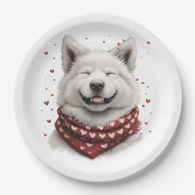 Plato De Papel Día de San Valentín Perro Samoyedo (Anverso)