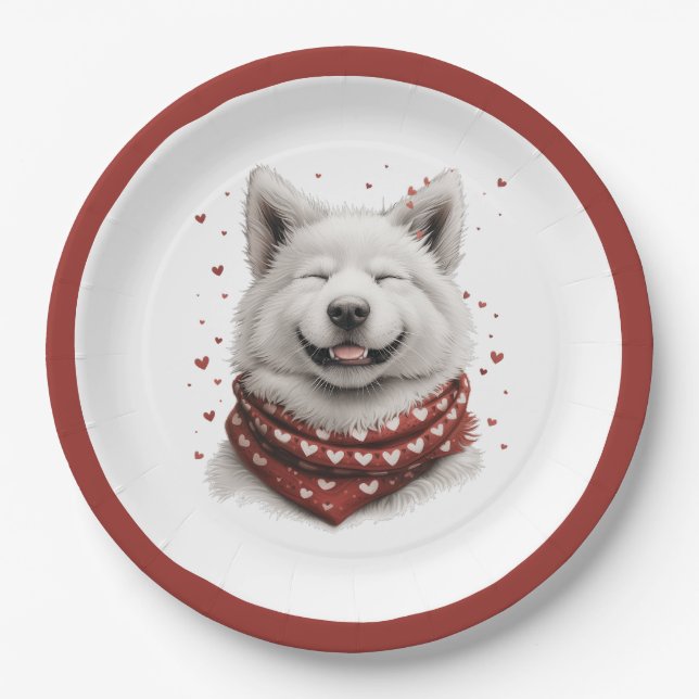 Plato De Papel Día de San Valentín Perro Samoyedo (Anverso)