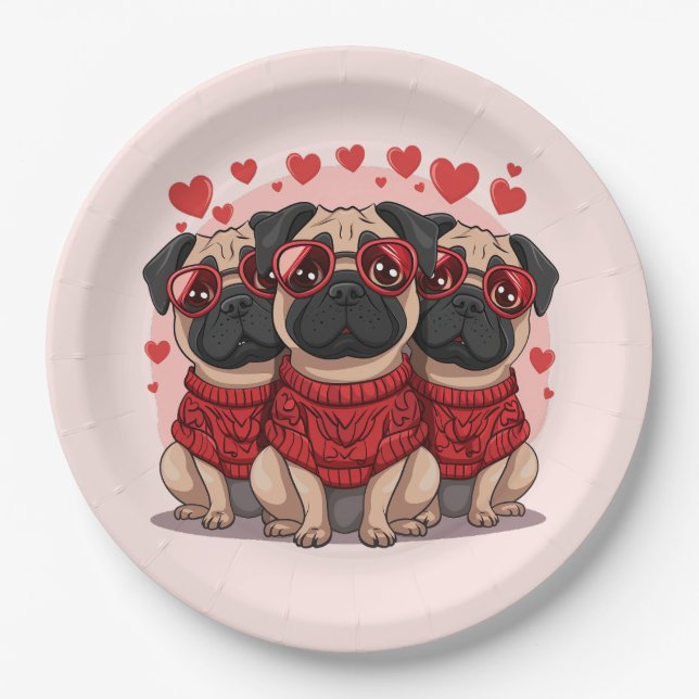 Plato De Papel Día de San Valentín Pug Dogs (Anverso)