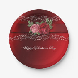 Plato De Papel Día de San Valentín Rosas Rojas Rosadas Vintage Co