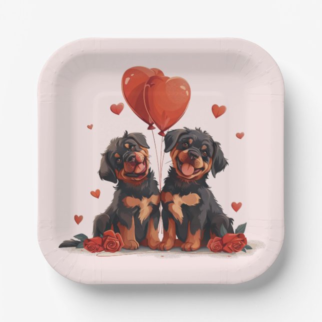 Plato De Papel Día de San Valentín Rottweiler Dogs (Anverso)
