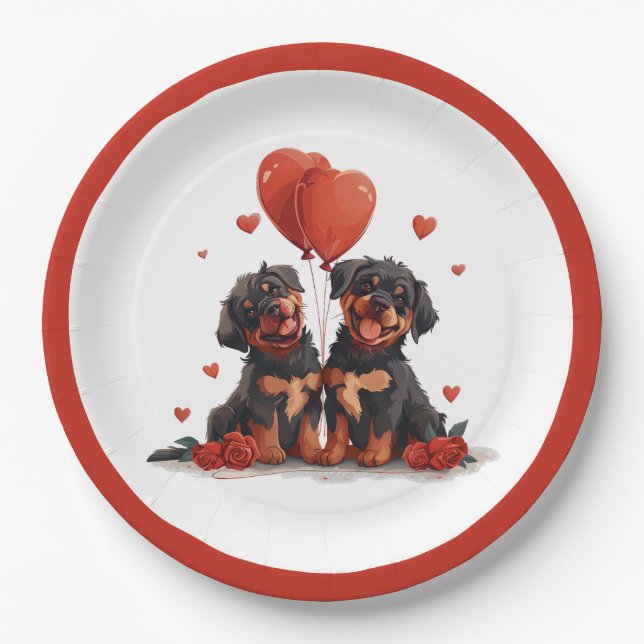 Plato De Papel Día de San Valentín Rottweiler Dogs (Anverso)