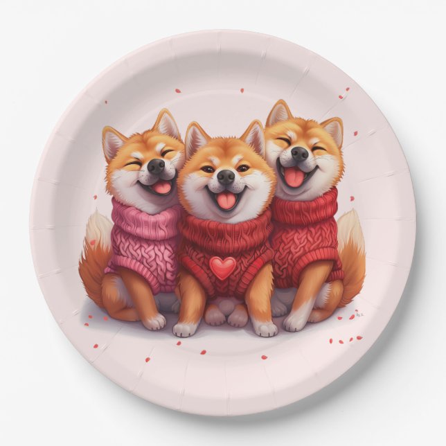 Plato De Papel Día de San Valentín Shiba Inu Dogs (Anverso)