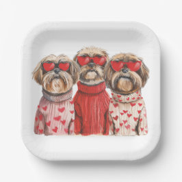 Plato De Papel Día de San Valentín Shih Tzu Dogs