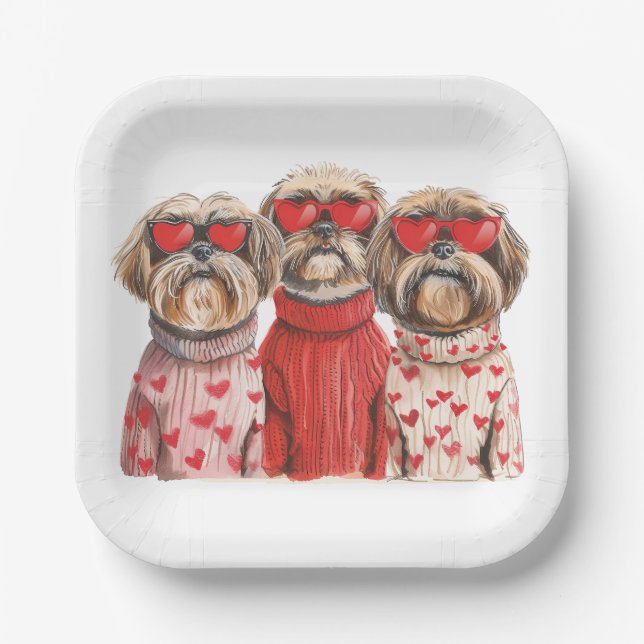 Plato De Papel Día de San Valentín Shih Tzu Dogs (Anverso)