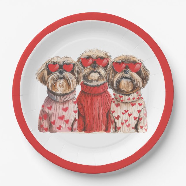 Plato De Papel Día de San Valentín Shih Tzu Dogs (Anverso)