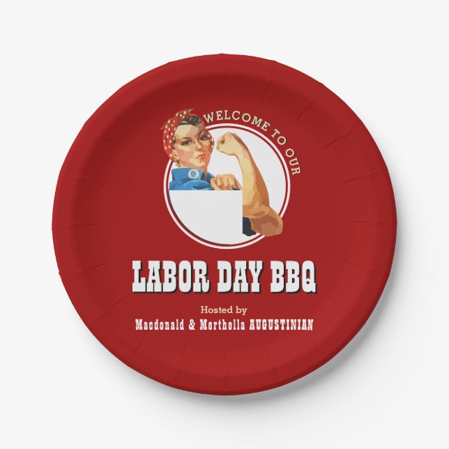 Plato De Papel Día del TRABAJO Rojo BBQ Rosie Riveter (Anverso)