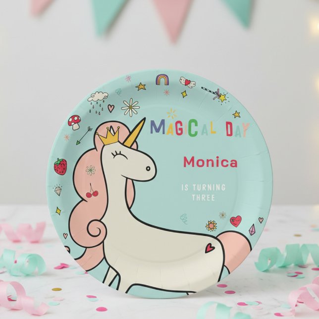 Plato De Papel Día mágico lindo personalizado unicornio cumpleaño (Subido por el creador)