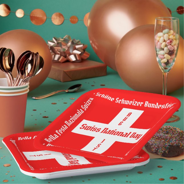Plato De Papel Día Nacional Suizo en cuatro idiomas Bandera Suiza (Multi)