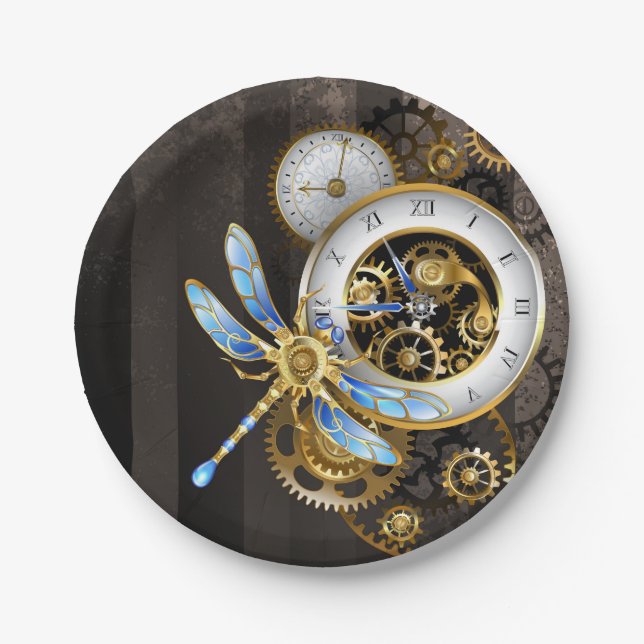 Plato De Papel Diales Steampunk con libélula (Anverso)