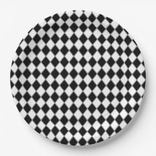 Plato De Papel Diamante negro y blanco con patrón Argyle