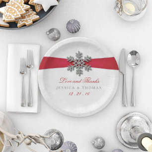 Plato De Papel Diamante Snowflake & Red Ribbon Boda de Invierno