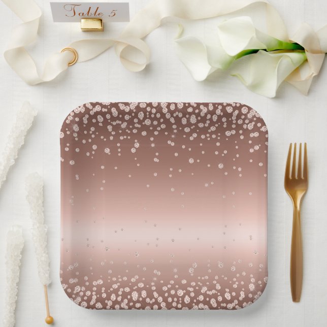 Plato De Papel Diamantes de oro Rosa (Boda)