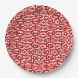 Plato De Papel Diamantes medievales de Damasco, rojos y blancos