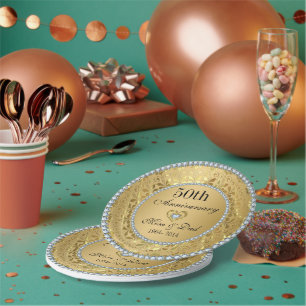Plato De Papel Diamantes Y Oro 50 Aniversario Boda