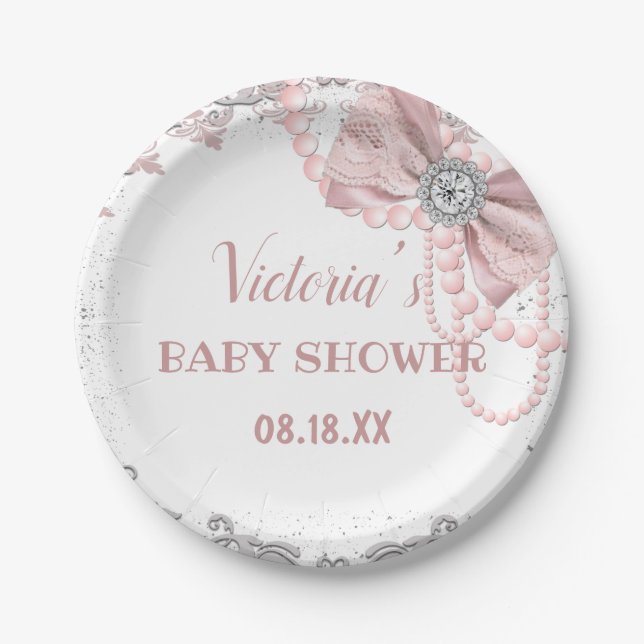 Plato De Papel Diamond Pearl Rubor Pink Girly Elegly Baby Shower (Anverso)