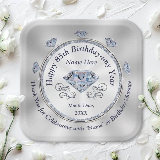 Plato De Papel Diamond themed, 85th Birthday Plates, Personalized (85th birthday plates. Diamond paper plates in 2 sizes and 2 shapes. 85th birthday party ideas, mom.)